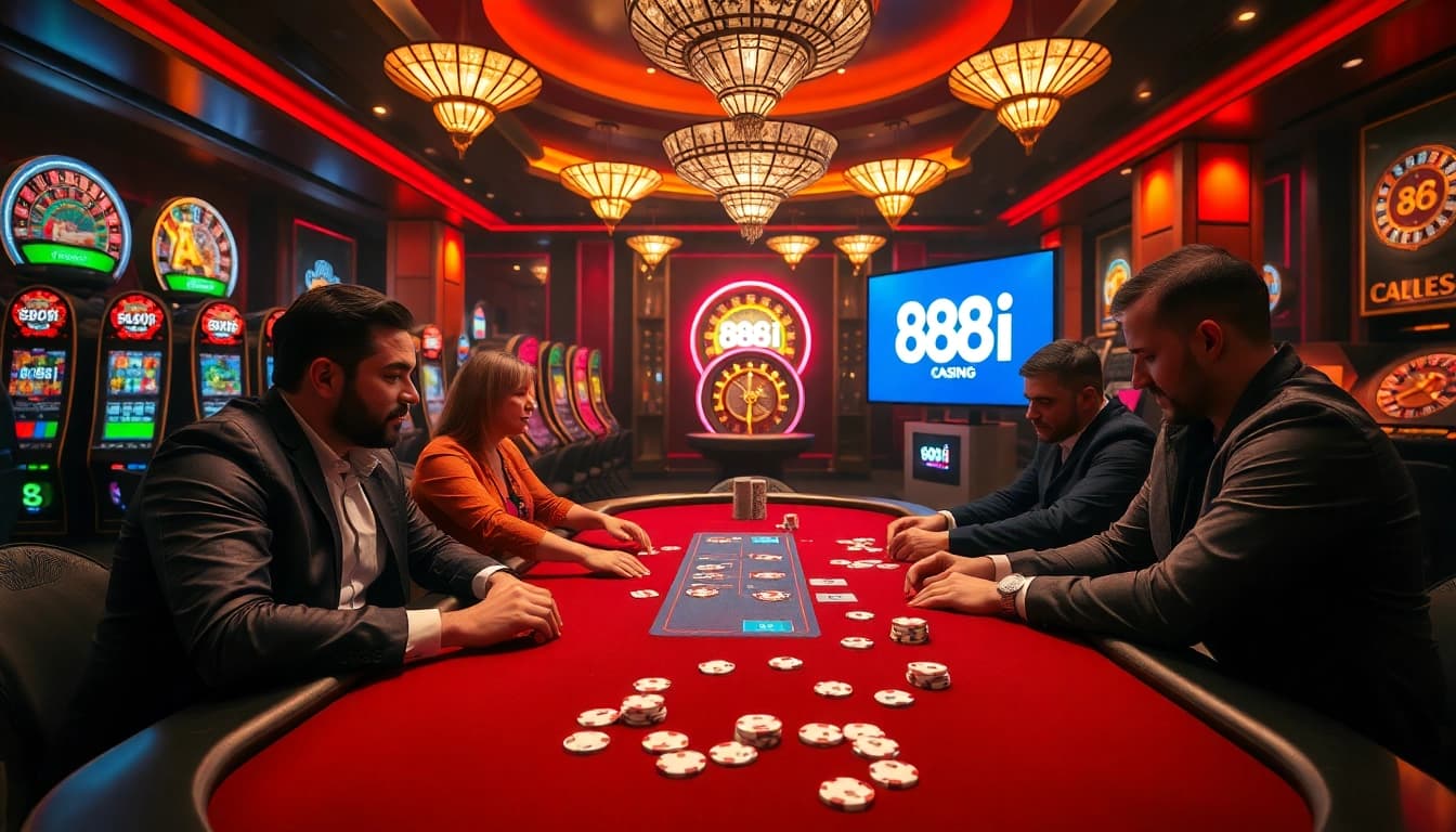 Players enjoying an exciting poker game at a luxurious casino featuring the 88i logo.