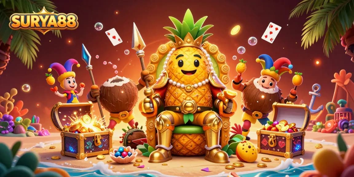 SURYA88 showcases an engaging scene with a golden pineapple king, casino elements, and dynamic gaming visuals.
