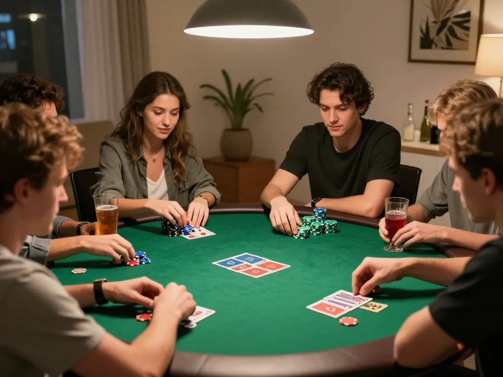 Social poker game at home with friends, showcasing fun moments and strategic play at f8bet.com.
