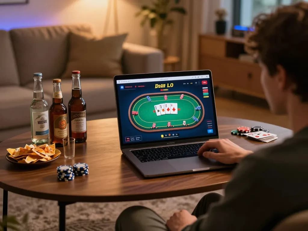 Engaged player at king33 online casino enjoying a strategic poker game on laptop