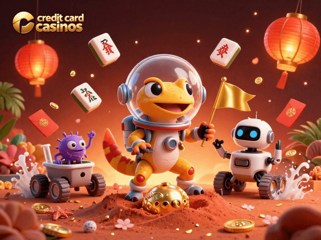 Experience thrilling credit card casinos with a gecko and robot amidst a vibrant Martian casino.