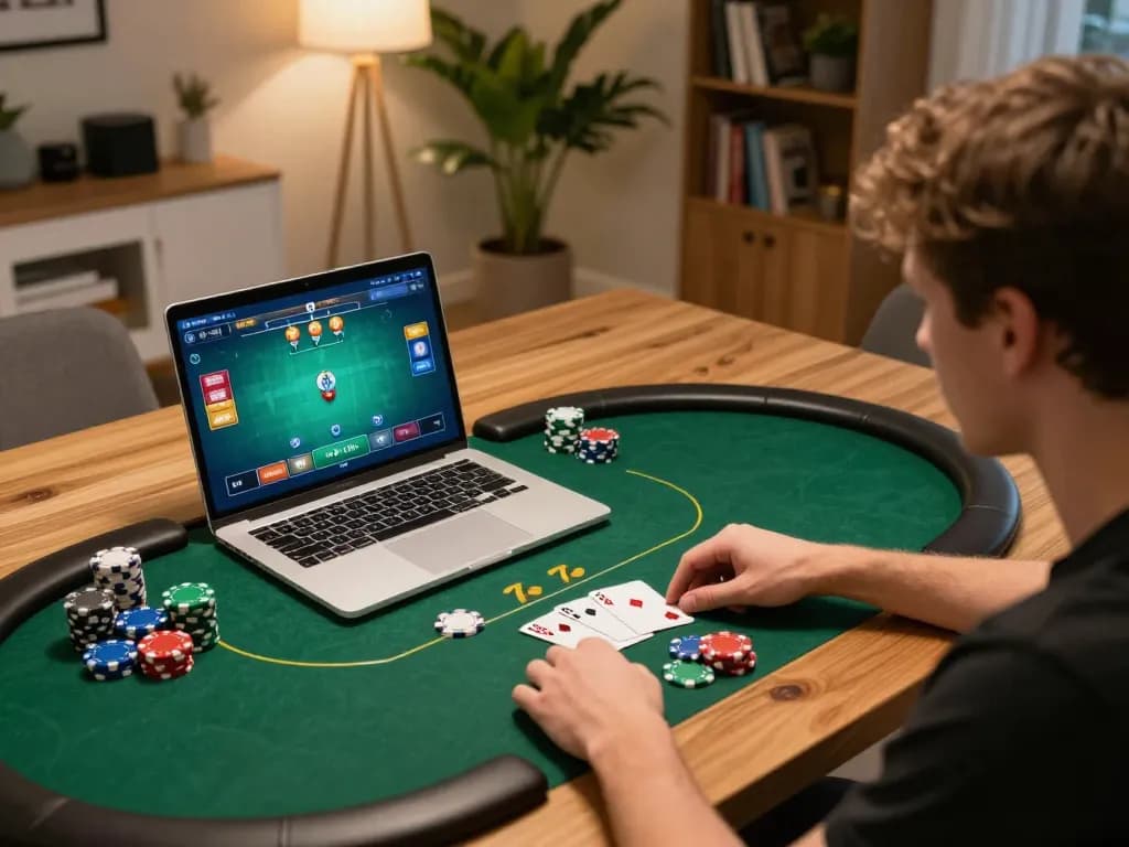 Player engaging in gta togel online poker session with vibrant poker chips and betting options visible.