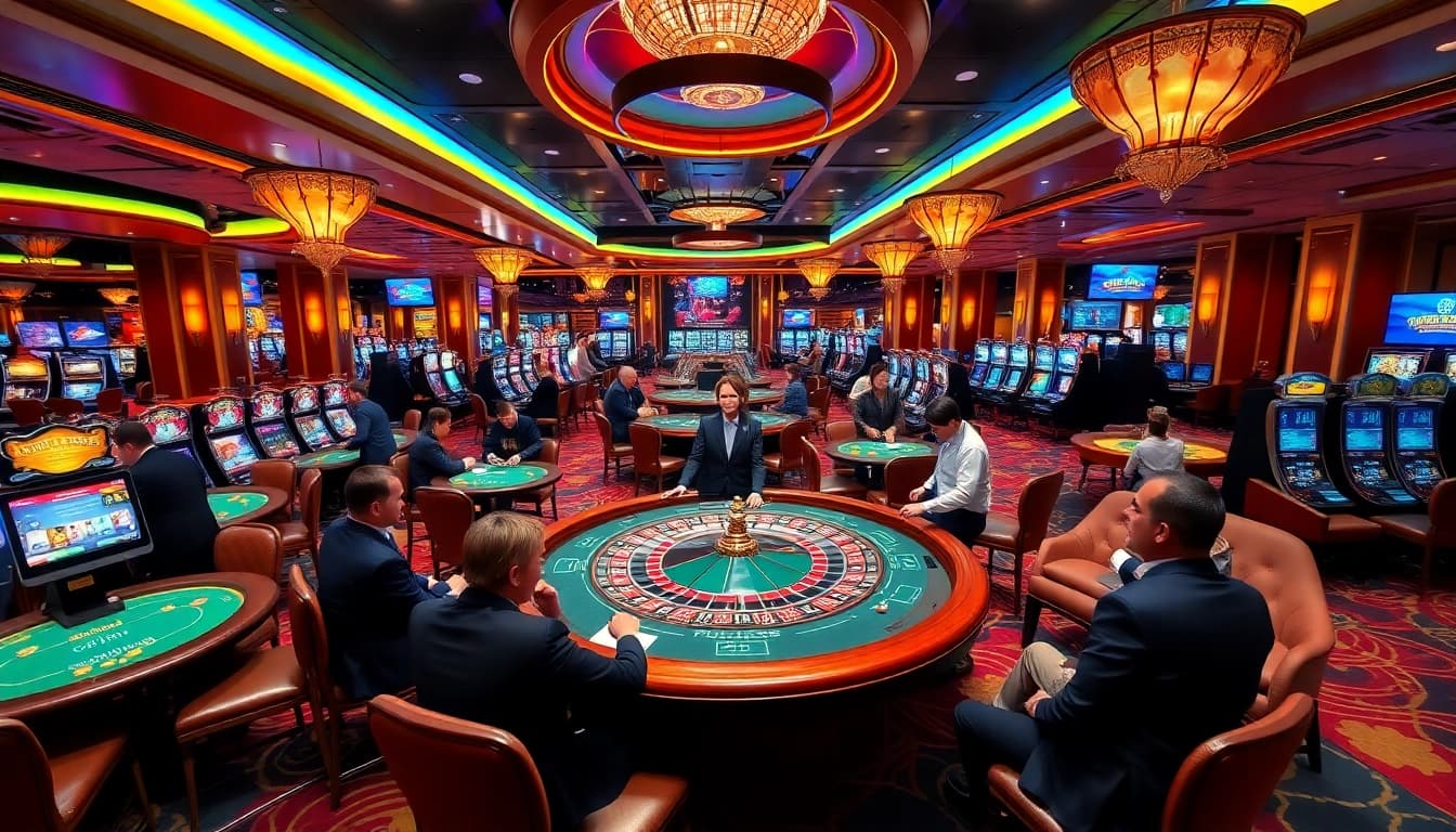 Players engaging in thrilling casino games at MM 88, showcasing vibrant poker tables and slot machines.