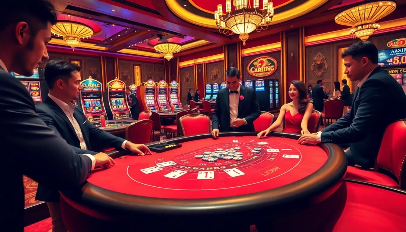 Players enjoy a baccarat game at lc88, surrounded by vibrant casino elements and luxury decor.