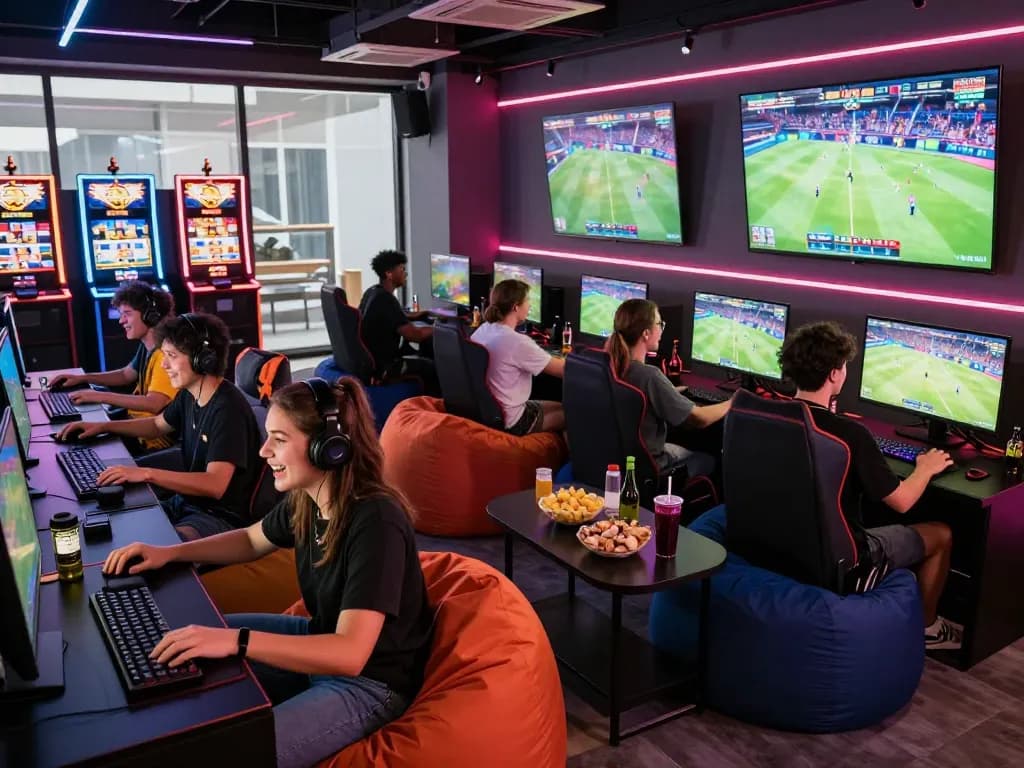 Exciting gaming scene at 79KING with friends enjoying dynamic sports and slot games at modern gaming stations.