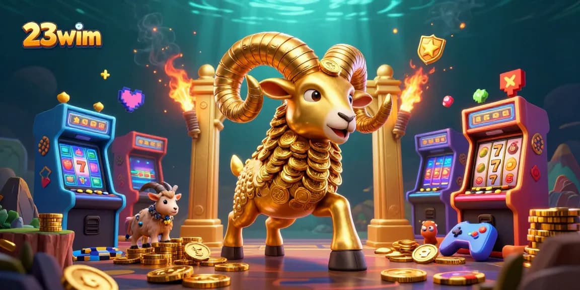 Engage with vibrant casino fun through 23wim's illustrated golden ram charging amidst colorful gaming elements.