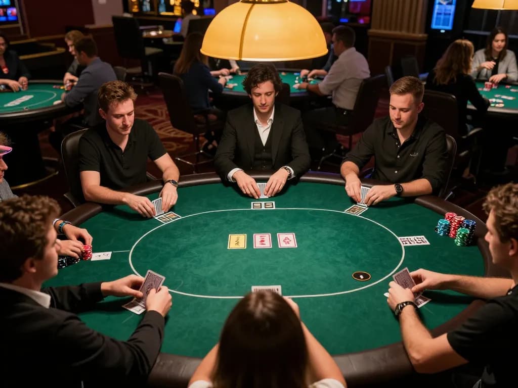 Engaging poker game action at GO88, showcasing players involved in strategic play with vibrant chips and cards.