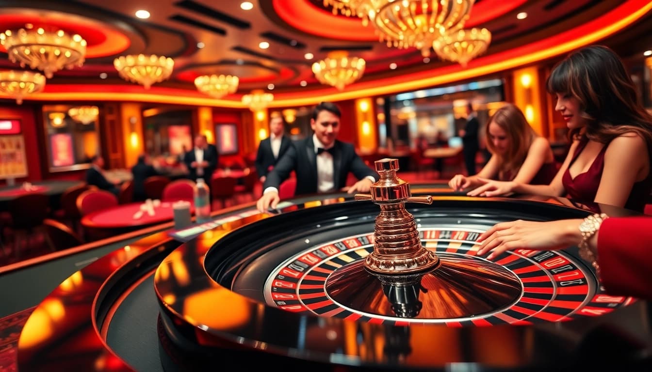 Experience Evolution Roulette ไม่มีขั้นต่ำ at a vibrant live casino table with players and chips.