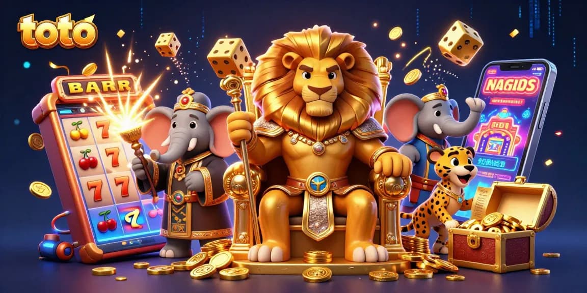 Engage with toto's vibrant 3D casino scene featuring a lion king and a slot machine burst.
