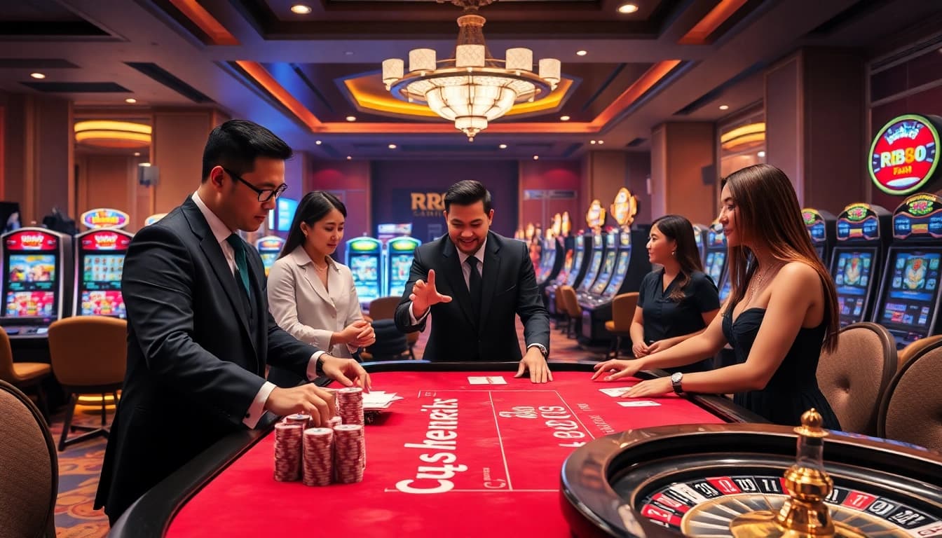 Players enjoying a thrilling game at the RR88 casino table with vibrant poker chips and cards.