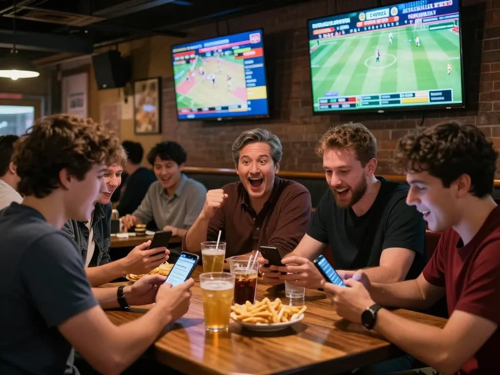 Engaged players at CM88 com placing bets on mobile devices while cheering for sports in vibrant bar.