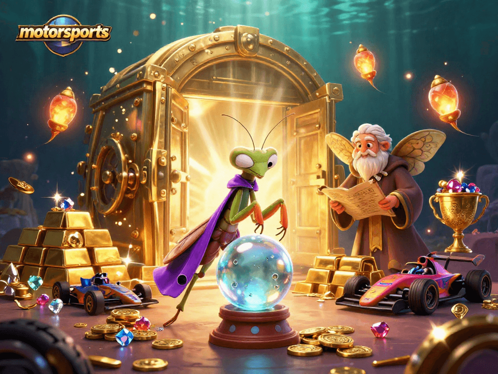 Engage in motorsports betting strategies with a vibrant 3D scene featuring unique characters and rich details.