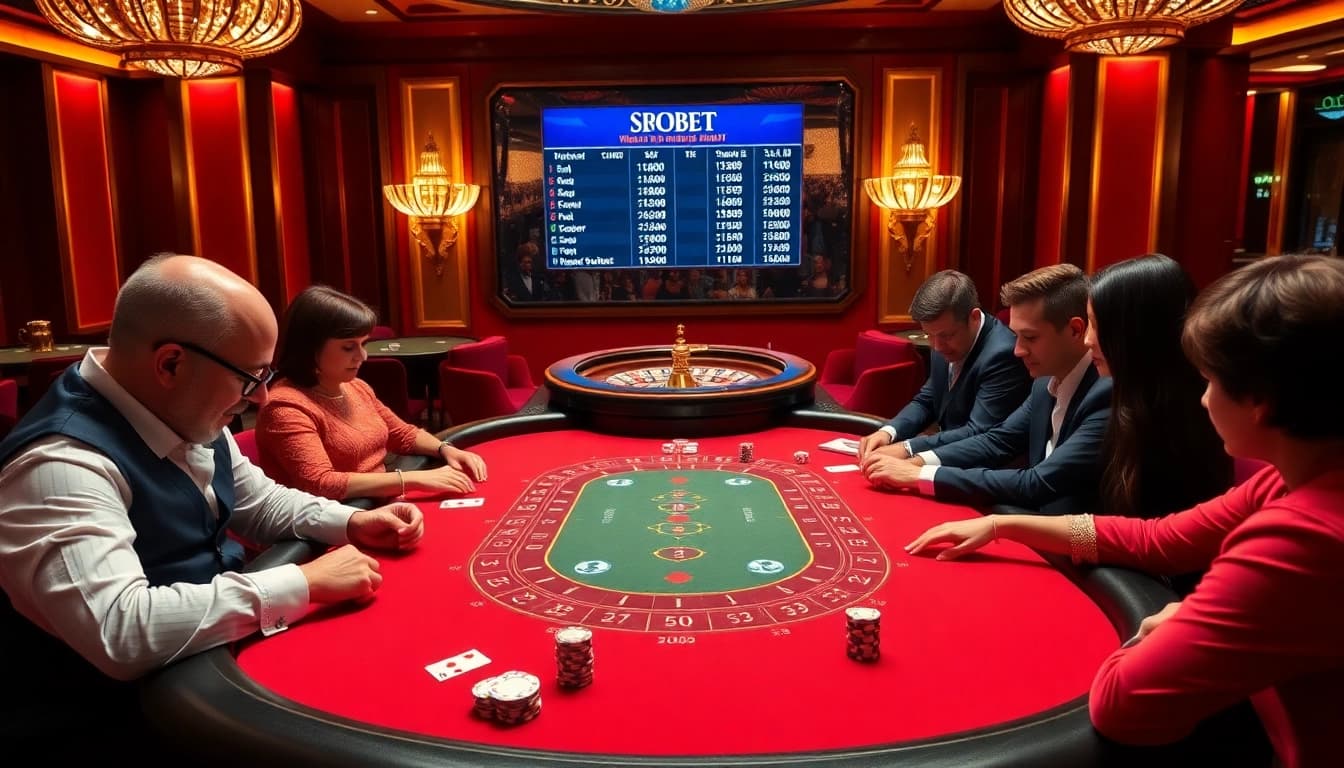 SboBet players placing bets at an elegant baccarat table in a vibrant casino.