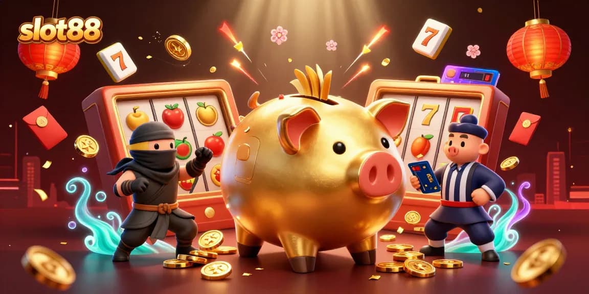 slot88 menarik jackpot dengan ilustrasi karakter piggy bank berwarna emas dan elemen kasino lainnya