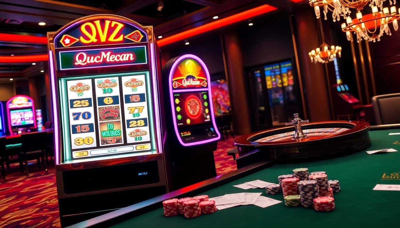 Experience thrilling gameplay at QQMacan with a stylish slot machine and vibrant casino atmosphere.