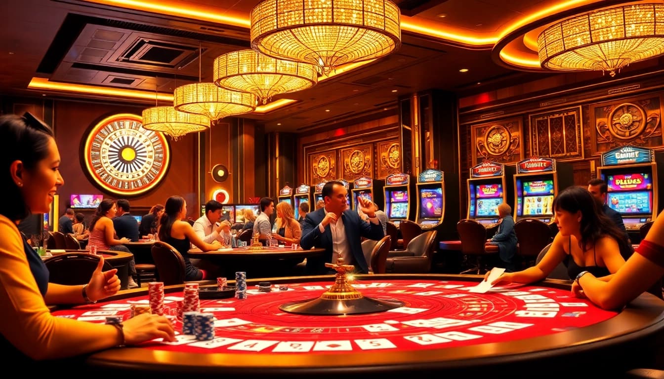 IDNSLOT players enjoying an exciting gaming experience at a luxurious casino with vibrant slot machines and poker tables.