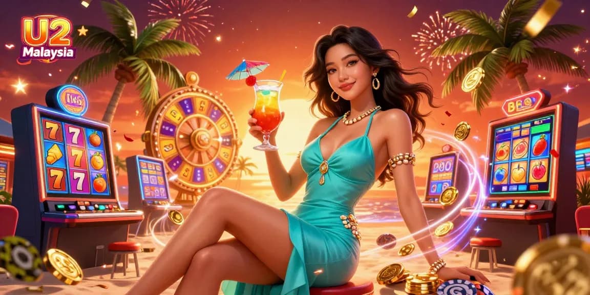 Experience the excitement of U2 Malaysia with vibrant slot games, a tropical woman, and festive casino elements.