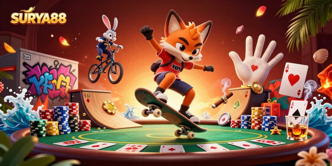 SURYA88 sparks winning excitement with a cartoon fox and rabbit in a vibrant casino scene!