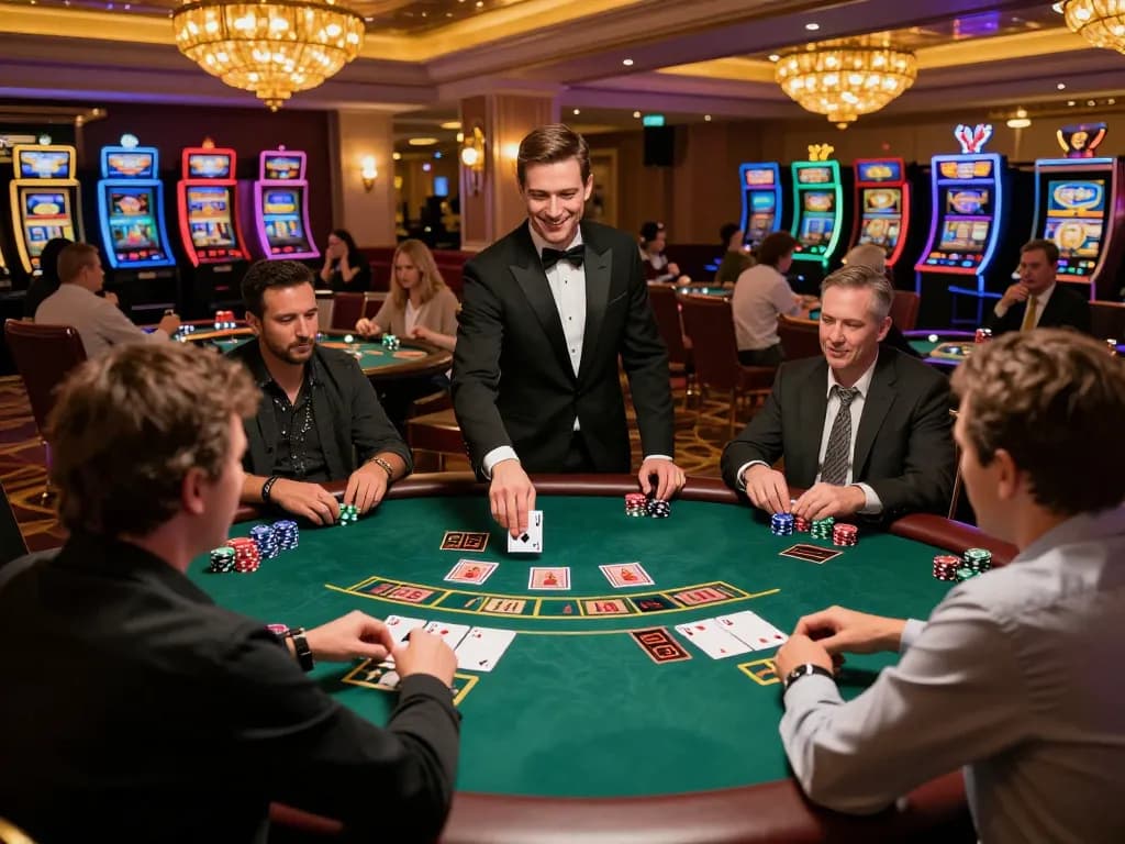 Players engaging in strategy at ok8386 blackjack table, vibrant casino atmosphere.