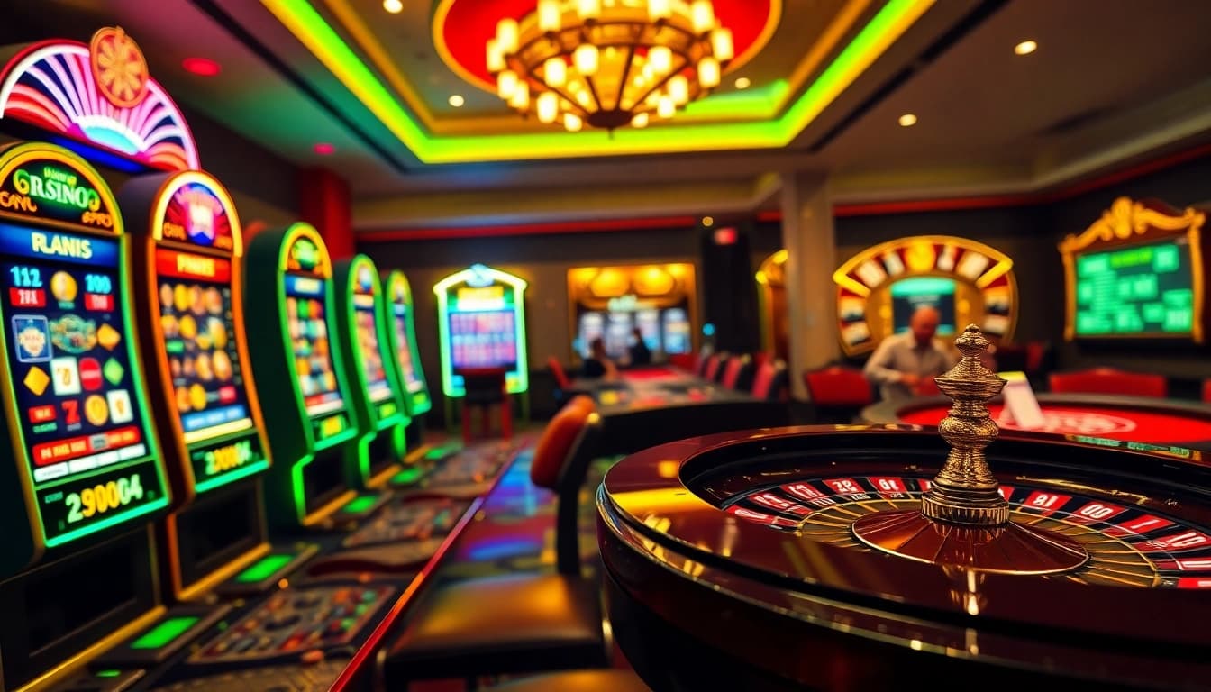 Experience exhilarating online gaming at https://68vip.red/ with vibrant slot machines and a roulette wheel.
