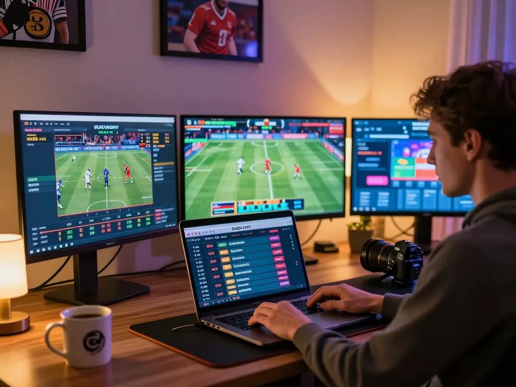 Engaging in online sports betting on DA88 com with multiple screens showing live odds and events.