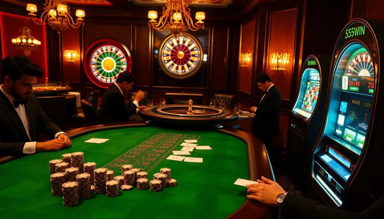 Experience high-stakes poker action at 555win with players and vibrant casino elements.