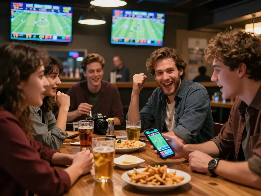 Go8 sports betting scene with friends actively discussing strategies and placing bets on mobile devices.