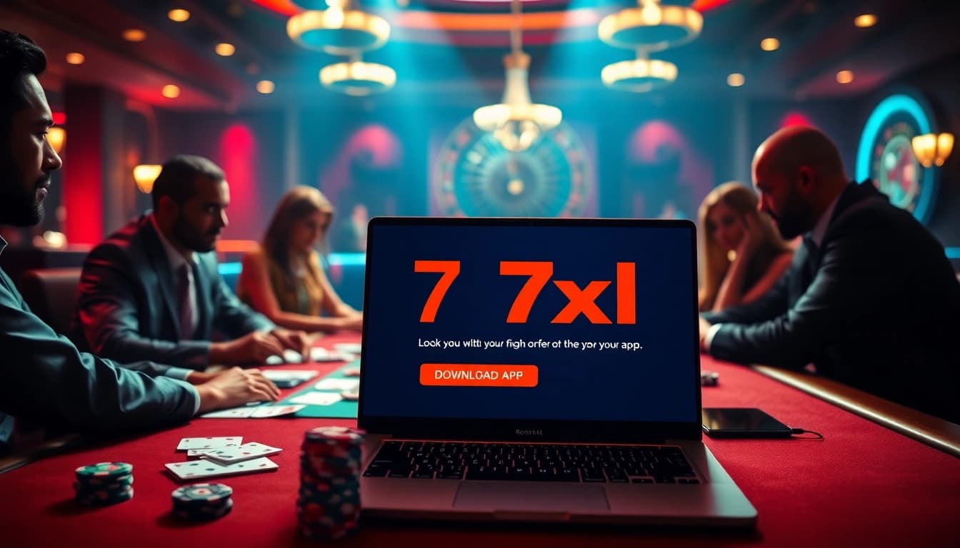 Experience the excitement of gambling with 7xl להורדה, showcasing vibrant poker action and a luxurious atmosphere.