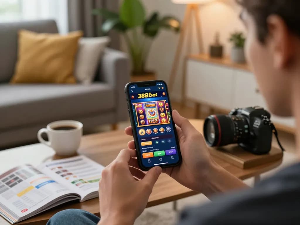Engaging with the 388bet mobile casino app in a cozy living room, promoting responsible online gaming.