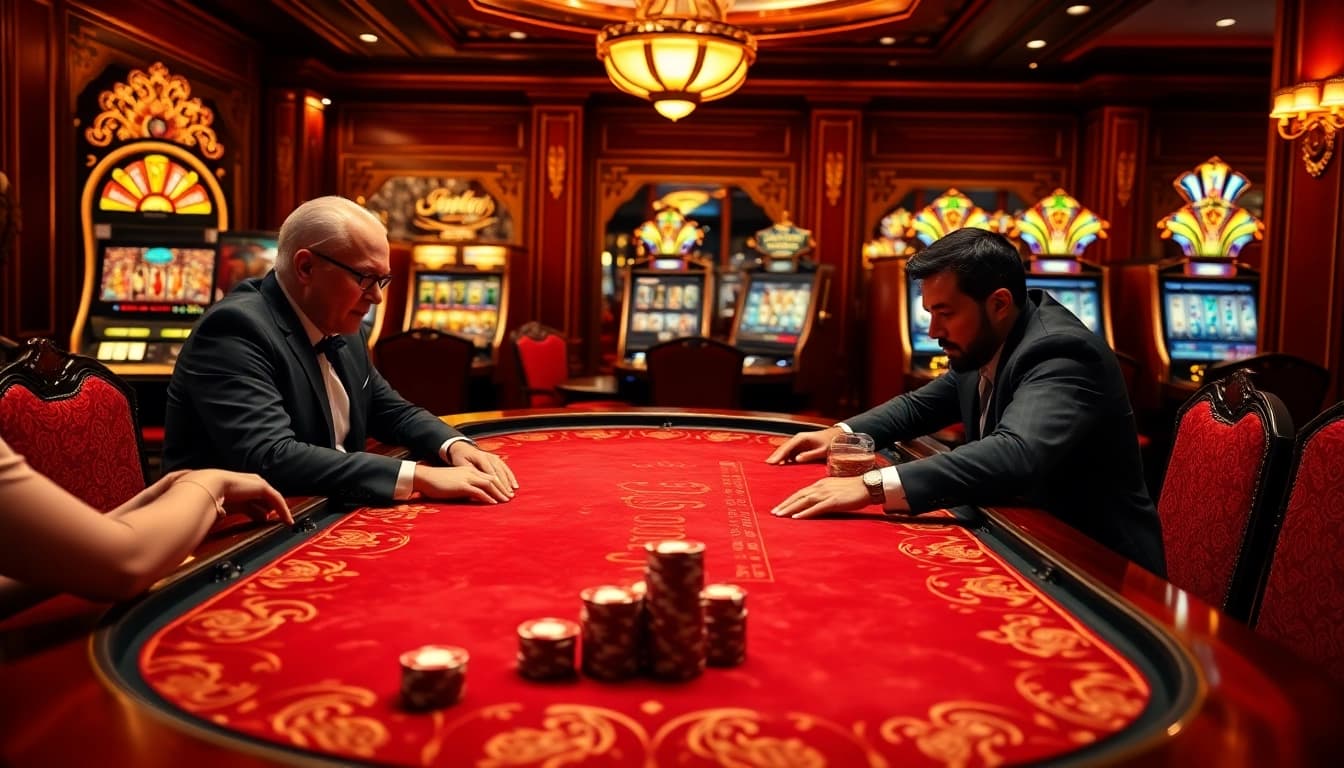 High-stakes poker players at a luxurious casino table showcasing the Hit club theme with vibrant colors and chips.