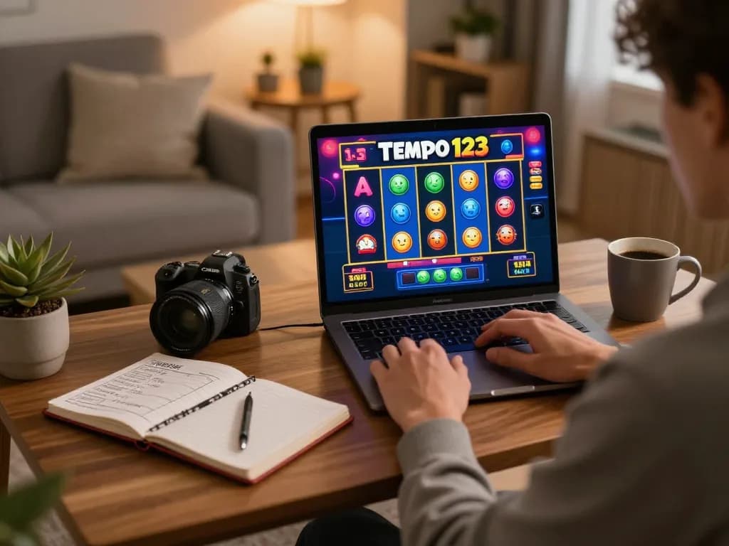 Engaged player enjoying Tempo123 Slot game on a laptop in a cozy home setting, depicting strategic online gambling.