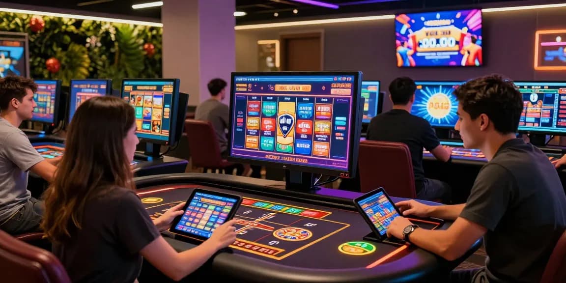 Experience new online casinos in the UK with players engaging in games at a modern gaming interface.