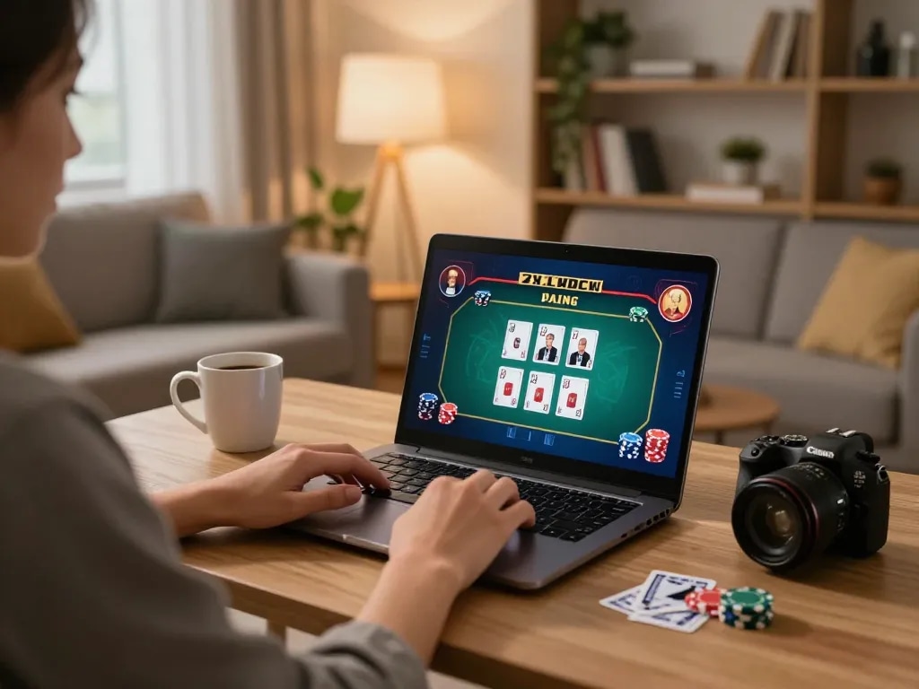 nk88 player engaging in online casino gaming at home, showcasing strategic gameplay on laptop.