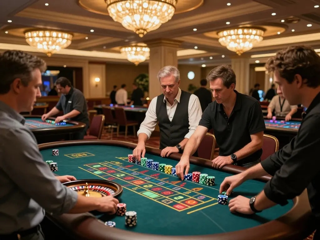 Players enjoying roulette at mb66an casino, showcasing excitement and a lively atmosphere.