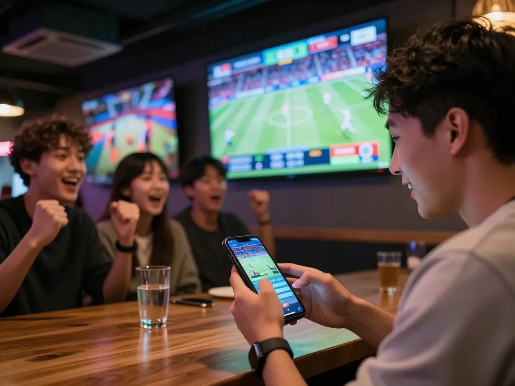 Player enjoying tg88 app for sports betting in a lively sports bar atmosphere