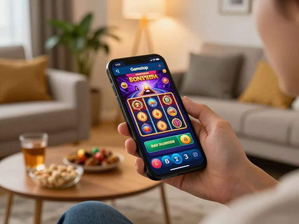Engaged player exploring casinos not on Gamstop using a smartphone in a cozy living room.