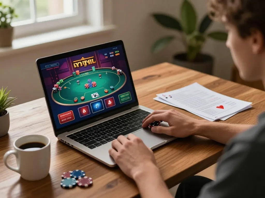 Engaging in lucky88 đăng nhập and strategic online poker gameplay on laptop in stylish home environment.