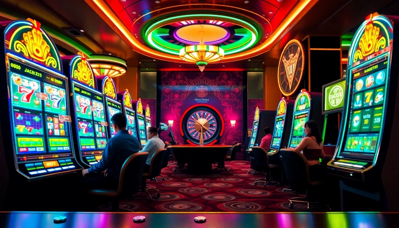 Engaging players at vibrant 온라인슬롯 machines in a luxurious casino atmosphere.
