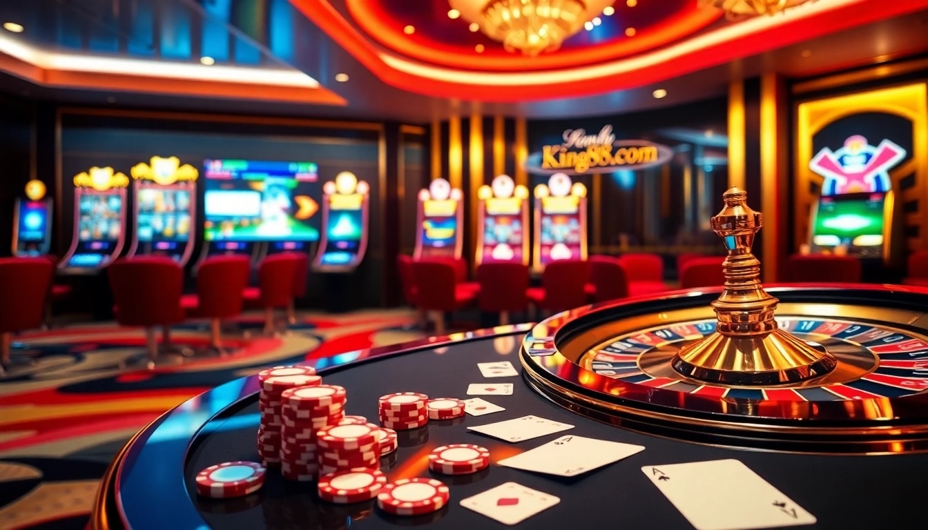 Experience thrilling gaming action at king88.com with vibrant poker tables and roulette wheels.