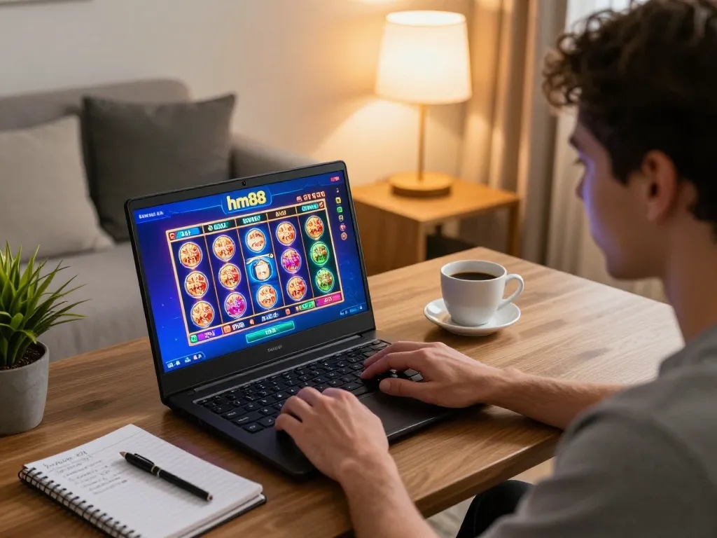 Engaged player exploring hm88 slots game on a laptop, cozy home environment, warm lighting.
