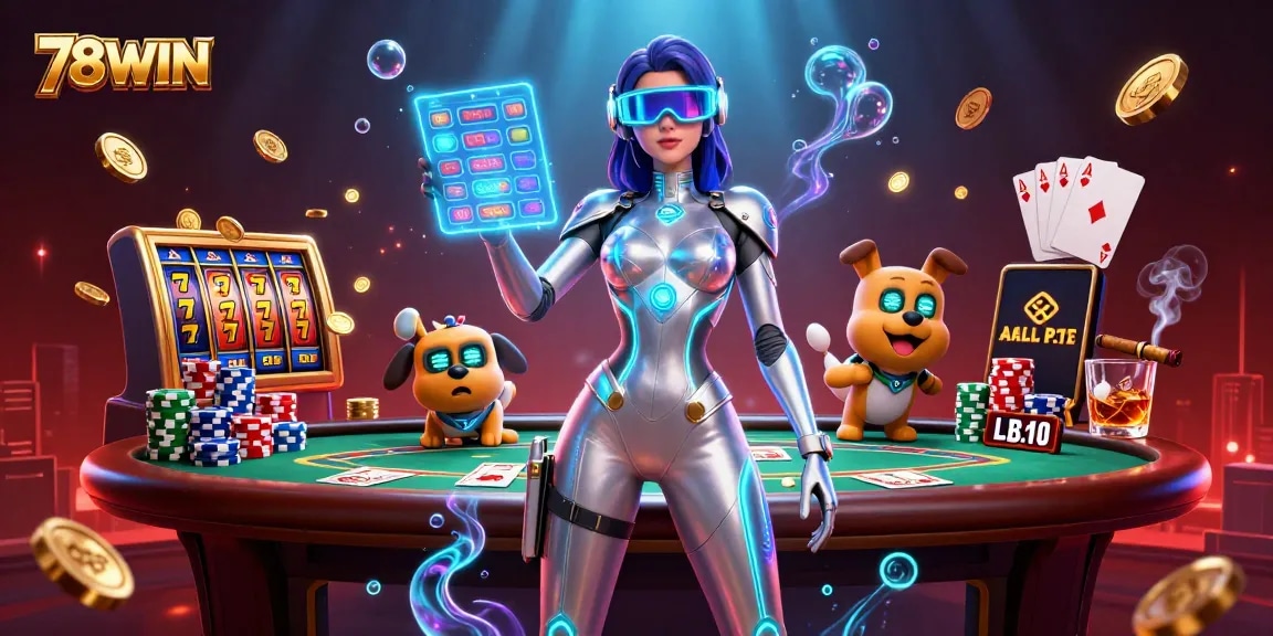 Experience the excitement of 78WIN with a stunning woman and a robot dog surrounded by vibrant casino elements.