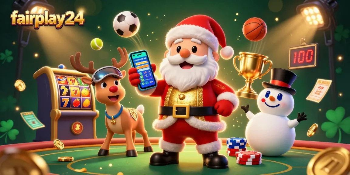 Experience fun-filled betting at fairplay24 with Santa and his friends in a vibrant casino setting.