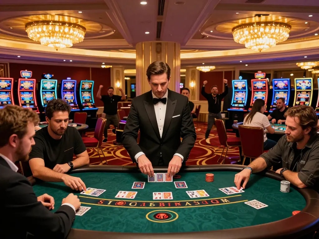 Players enjoying intense blackjack games at the z16 casino floor, showcasing excitement and competition