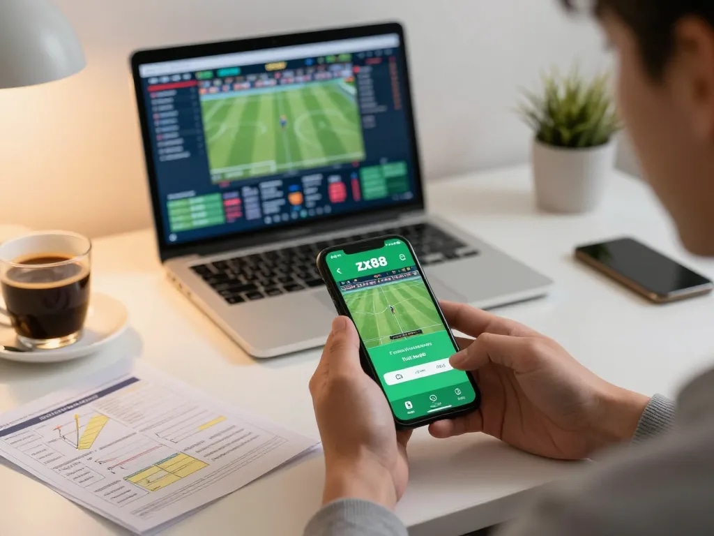 Engaging moment of a player using the zx88 app for live sports betting from a stylish home setup.