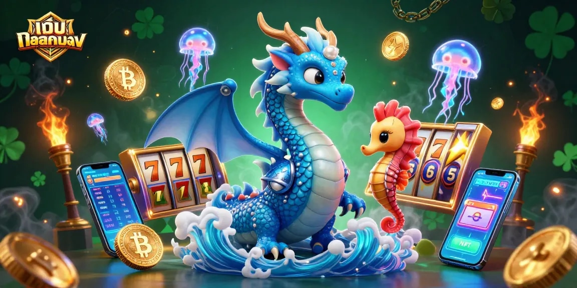 Engage with เว็บสล็อตตรง as a vibrant scene showcases an azure water dragon, seahorse knight, and neon jellyfish reveling in slot reels.