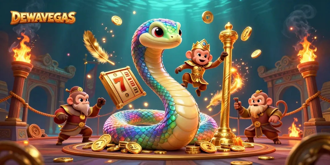 Spin the reels at DEWAVEGAS with a 3D rainbow serpent and playful monkey king in a vibrant online casino scene.