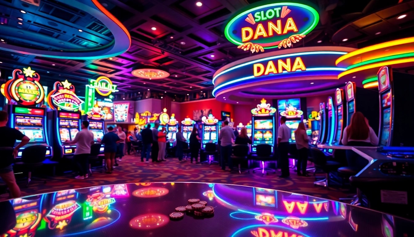 Rasakan keseruan permainan Slot Dana di kasino penuh warna yang ramai.