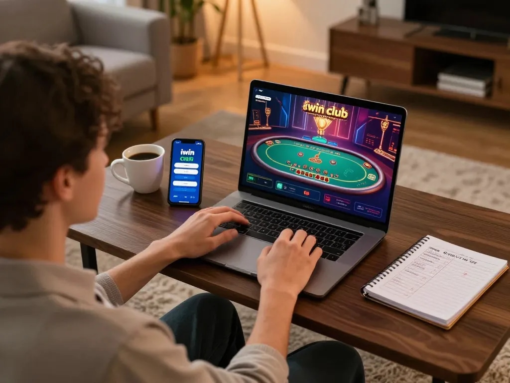 Person playing online casino games on iwin club app in cozy living room setting