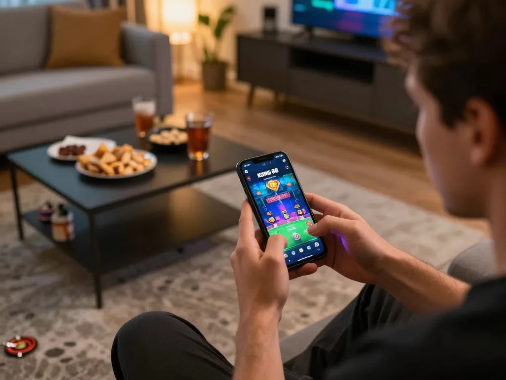 KONG 88 app showcased on a smartphone during an intense online gaming session with snacks.