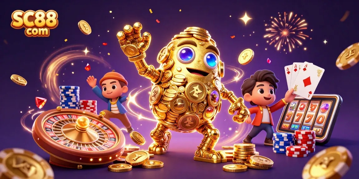 Winning big at SC88 com with a golden golem, casino games, and dynamic elements.
